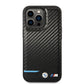 IPHONE 14 PRO MAX - PU LEATHER BLACK M COLLECTION PU CARBON CASE WITH BOTTOM HORIZONTAL BLUE LINE AND METAL LOGOS - BMW