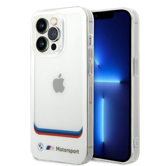 IPHONE 14 PRO MAX - PC/TPU WHITE MOTORSPORT COLLECTION IML CASE BIG SQUARE TRANSPARENT AREA AND PRINTED BOTTOM LOGO - BMW